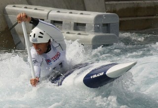 David Florence paddling canoe on white water for London 2012 Olympic selection trials.